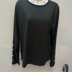 Elegant Black Top with Pearl & Pleated Victorian Neck Trim Accents